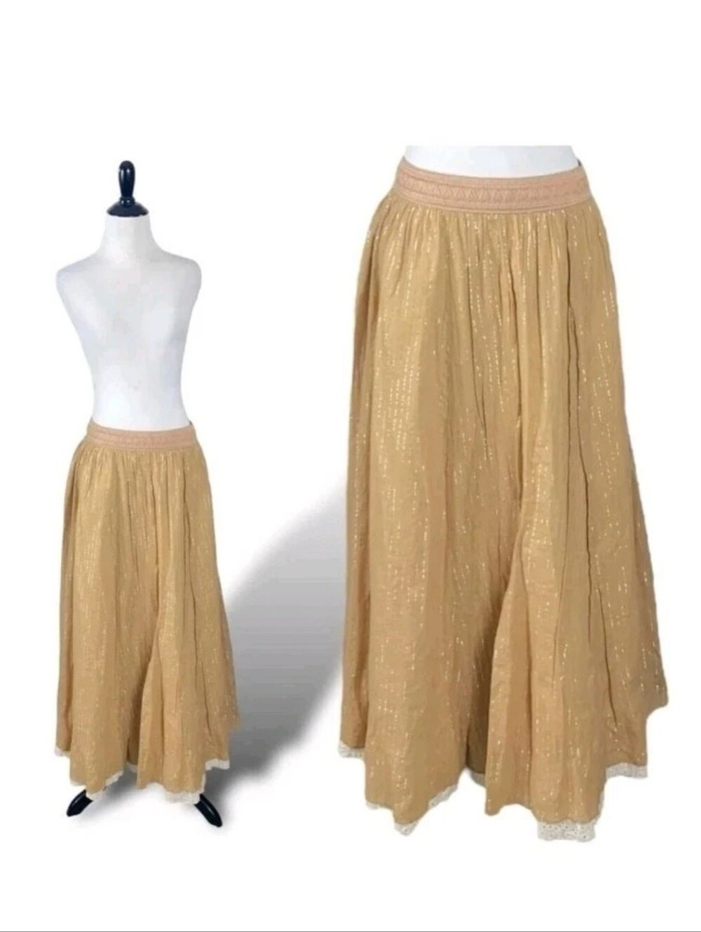 Vintage Y2K Express Peasant Maxi Skirt Tan Metallic Eyelet Lace Boho Festival M